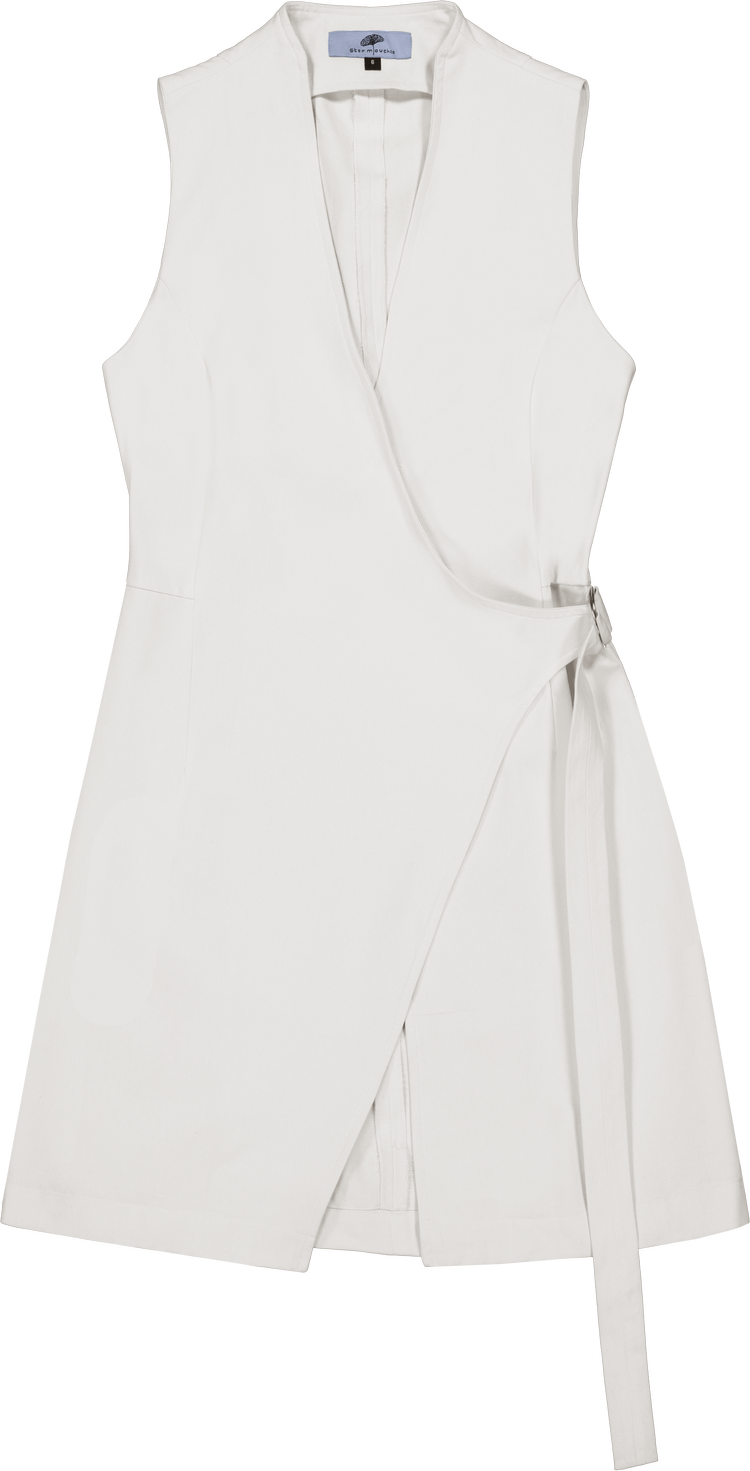 Crossed Front Asymmetric Closure Sheath Dress in Stratton Winter White Solid Organic Cotton Twill - STEF MOUCHIE