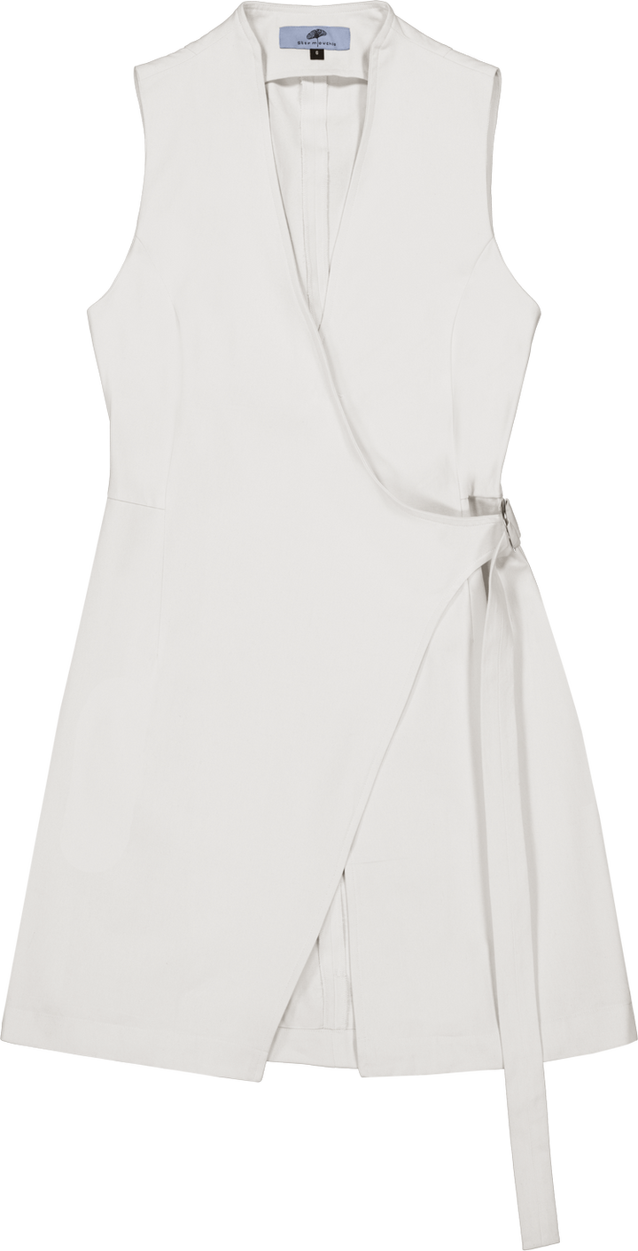 Crossed Front Asymmetric Closure Sheath Dress in Stratton Winter White Solid Organic Cotton Twill - STEF MOUCHIE