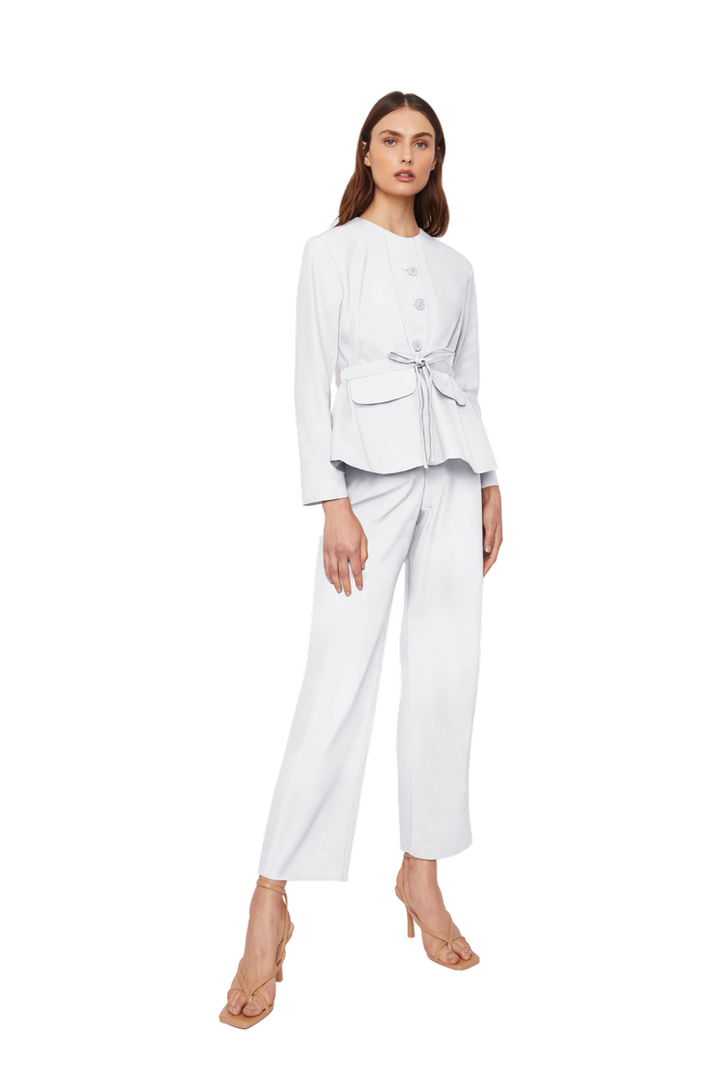 High-Waisted Chino Trousers with Drawstring Waist in Stratton Winter White Solid Organic Cotton Twill - STEF MOUCHIE