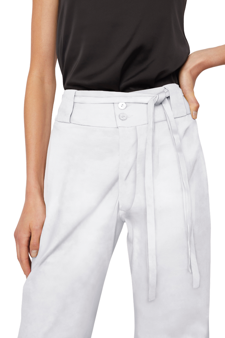 High-Waisted Chino Trousers with Drawstring Waist in Stratton Winter White Solid Organic Cotton Twill - STEF MOUCHIE