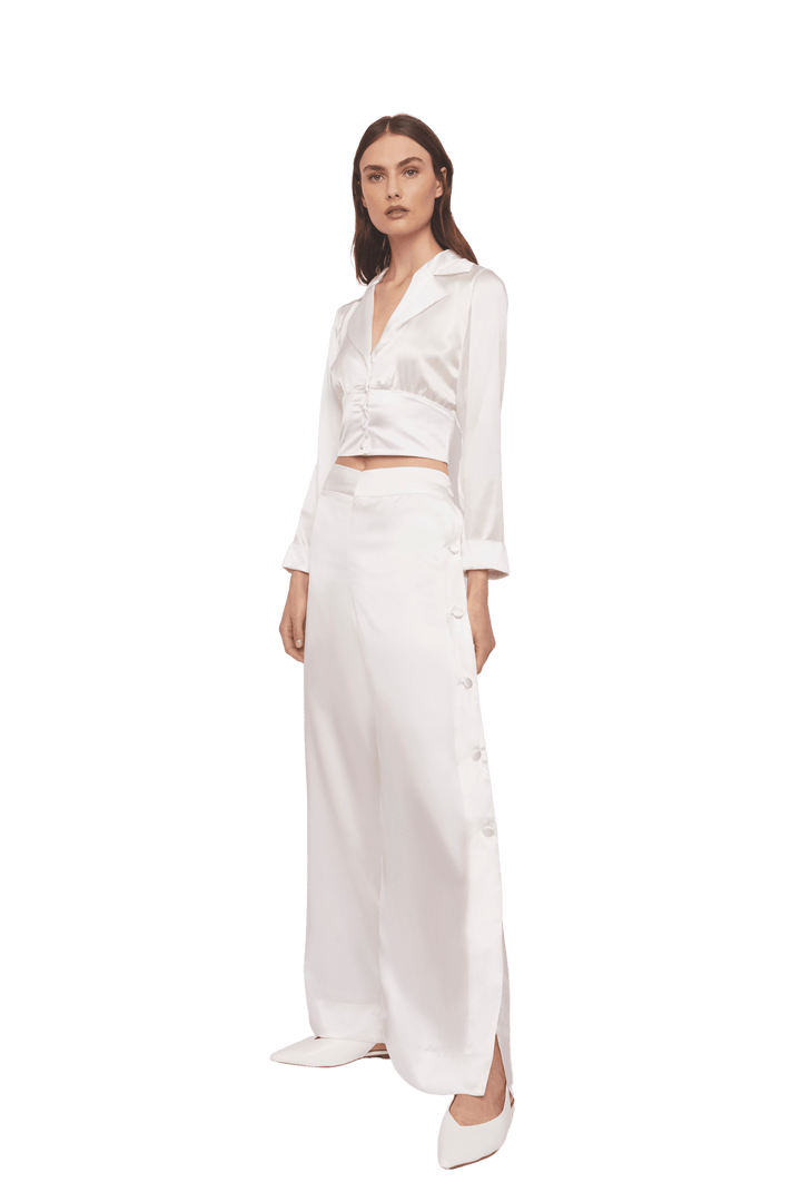 Palazzo Trousers with Side Slits in White Silk Charmeuse - STEF MOUCHIE