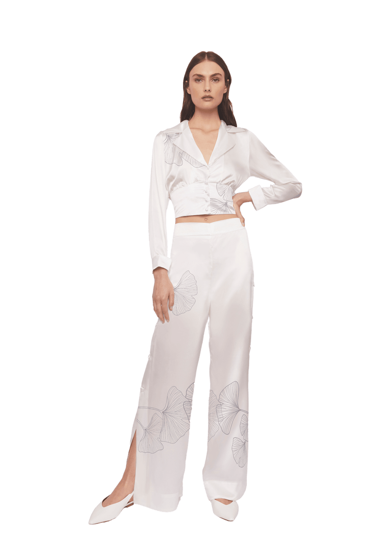 Palazzo Trousers with Side Slits in White Silk Charmeuse with Ginkgo Print - STEF MOUCHIE