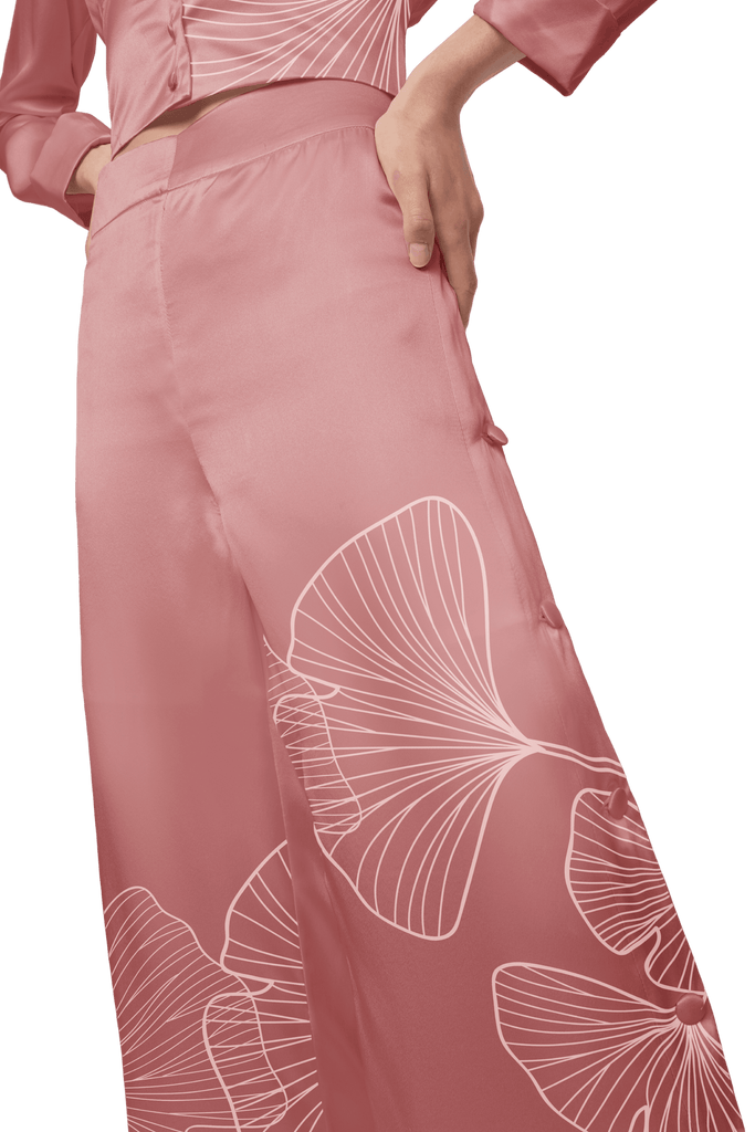 Palazzo Trousers with Side Slits in Pink Silk Charmeuse with Ginkgo Leaf