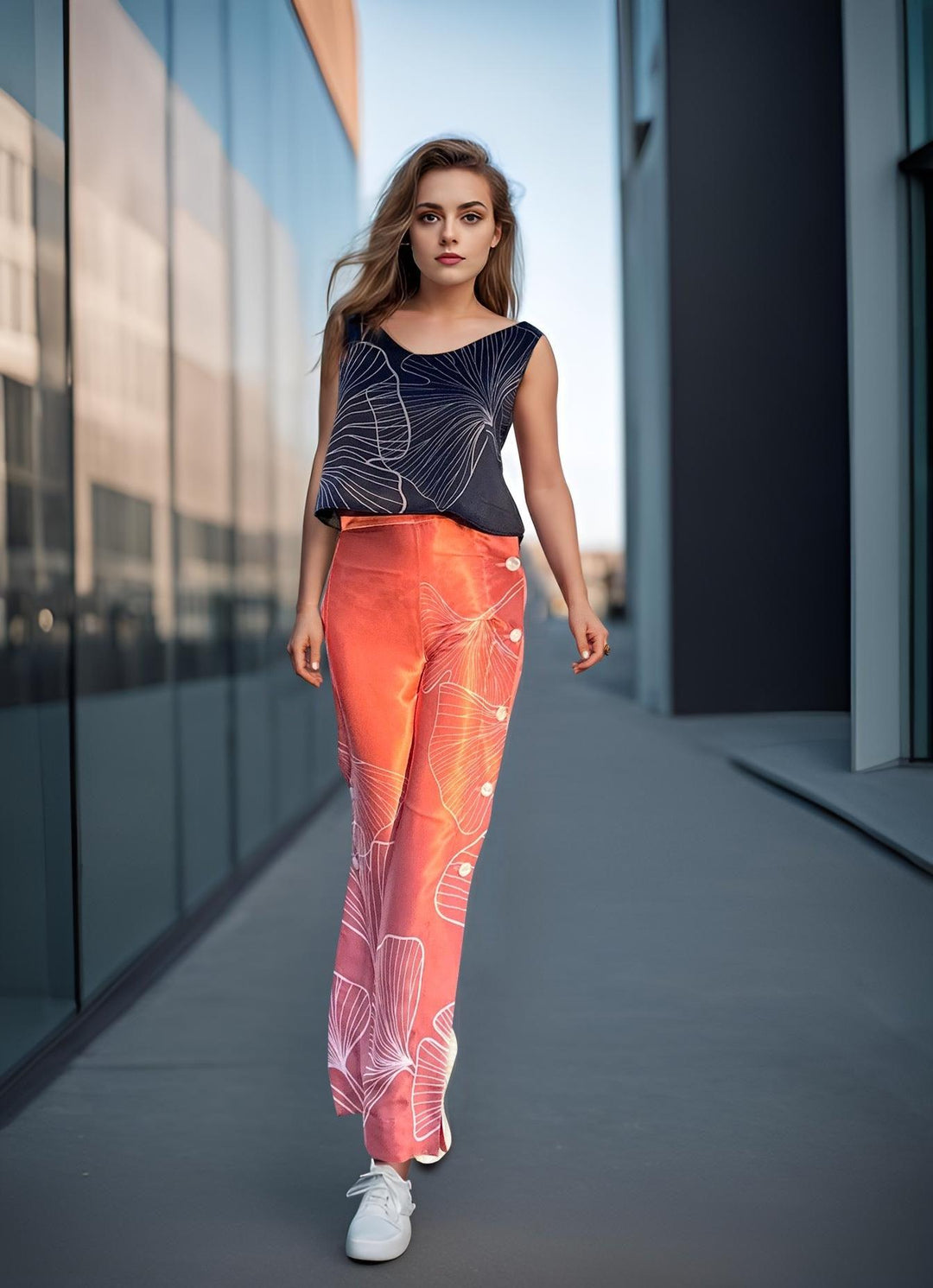 Charmeuse Silk Camisole Tank Top in Black with White Ginkgo Leaf Print - STEF MOUCHIE