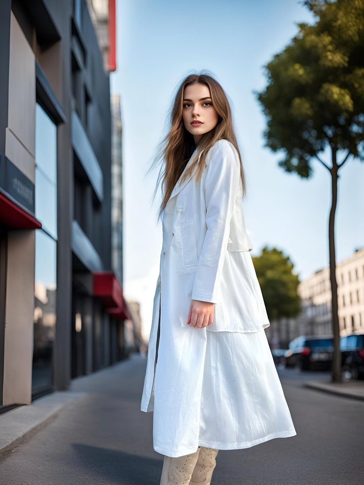 Long Blazer Relaxed Fit with Flouance Back in White Organic Cotton - STEF MOUCHIE