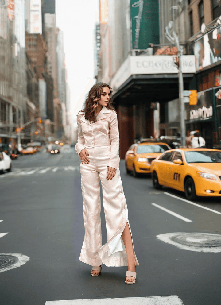 Palazzo Trousers with Side Slits in Silk Organza with Signature Abstract Ginkgo Leaf Floral Print - STEF MOUCHIE