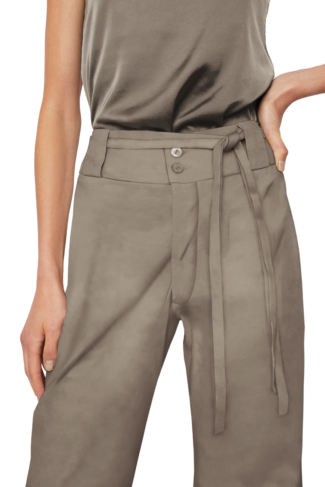 High-Waisted Chino Trousers with Drawstring Waist in Stratton Khaki Solid Organic Cotton Twill - STEF MOUCHIE