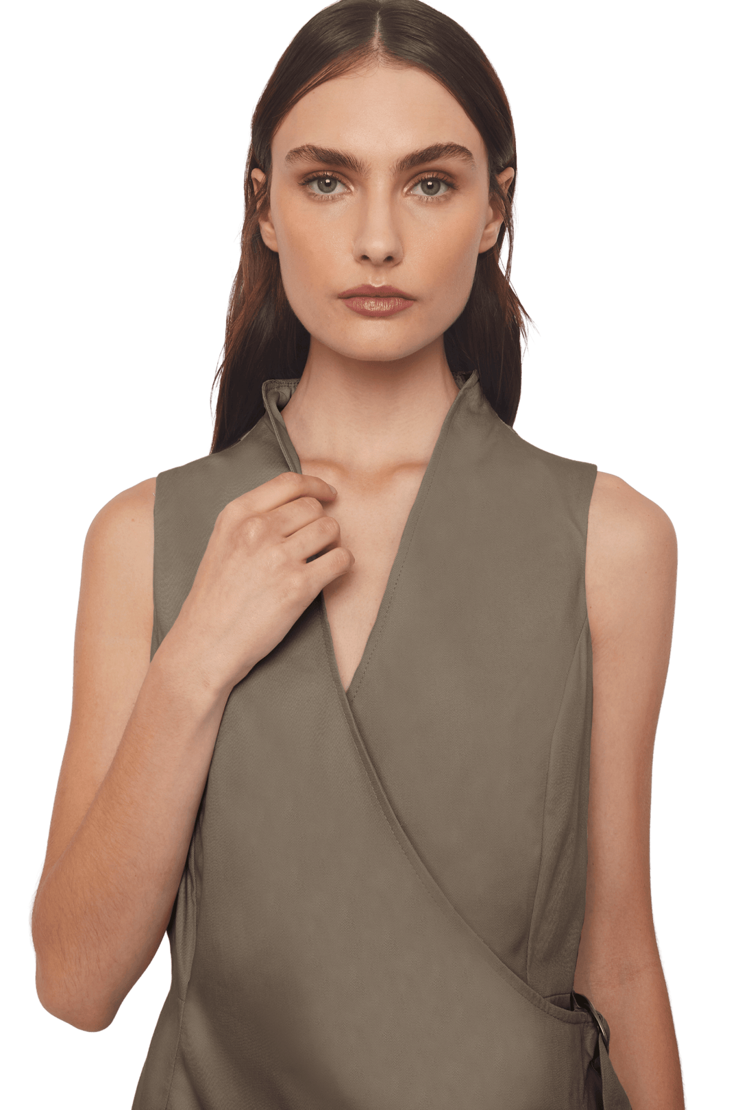 Crossed Front Asymmetric Closure Sheath Dress in Stratton Khaki Solid Organic Cotton Twill - STEF MOUCHIE