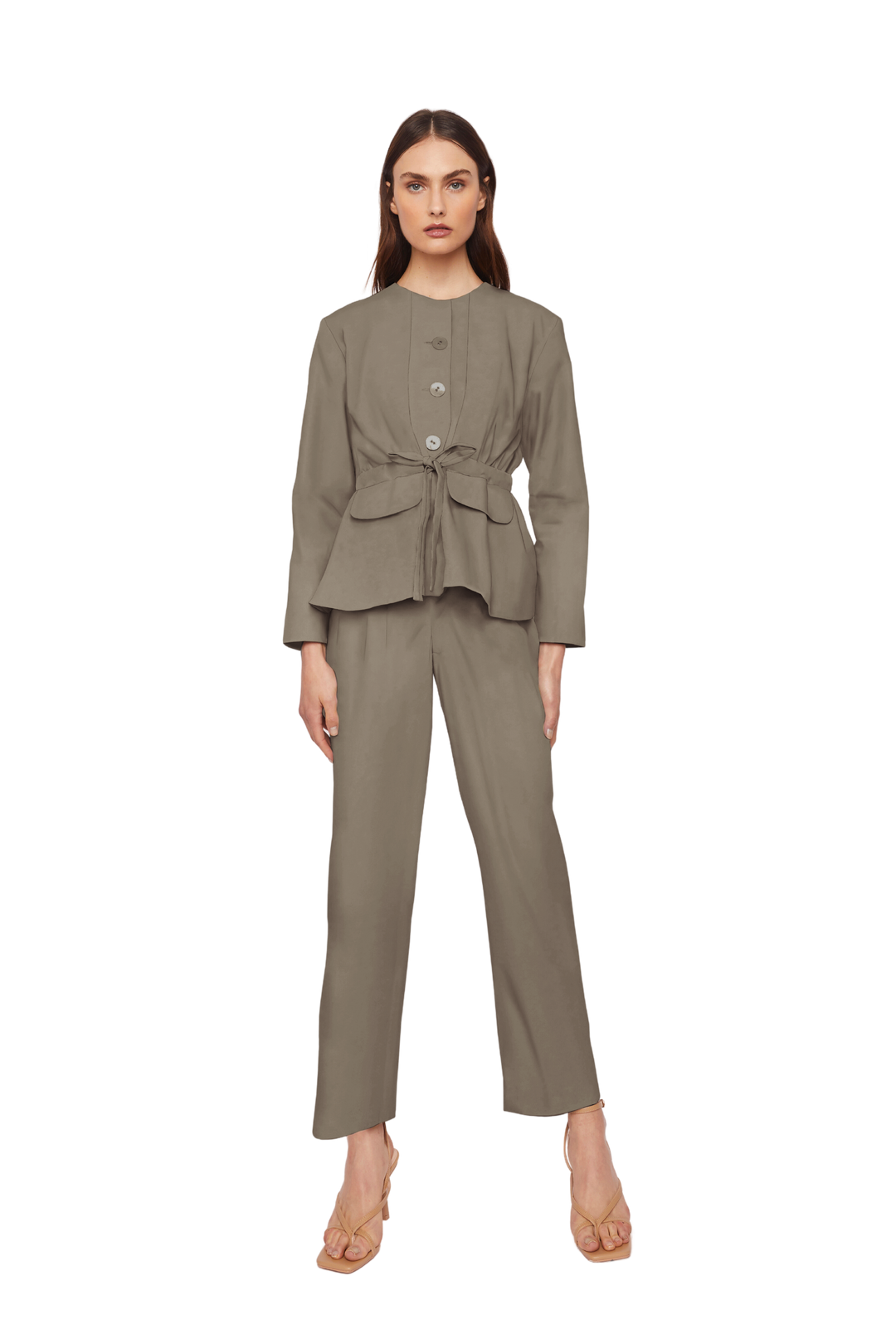 Collarless Jacket with Flap Pockets and Drawstring Waist in Stratton Khaki Solid Organic Cotton Twill - STEF MOUCHIE