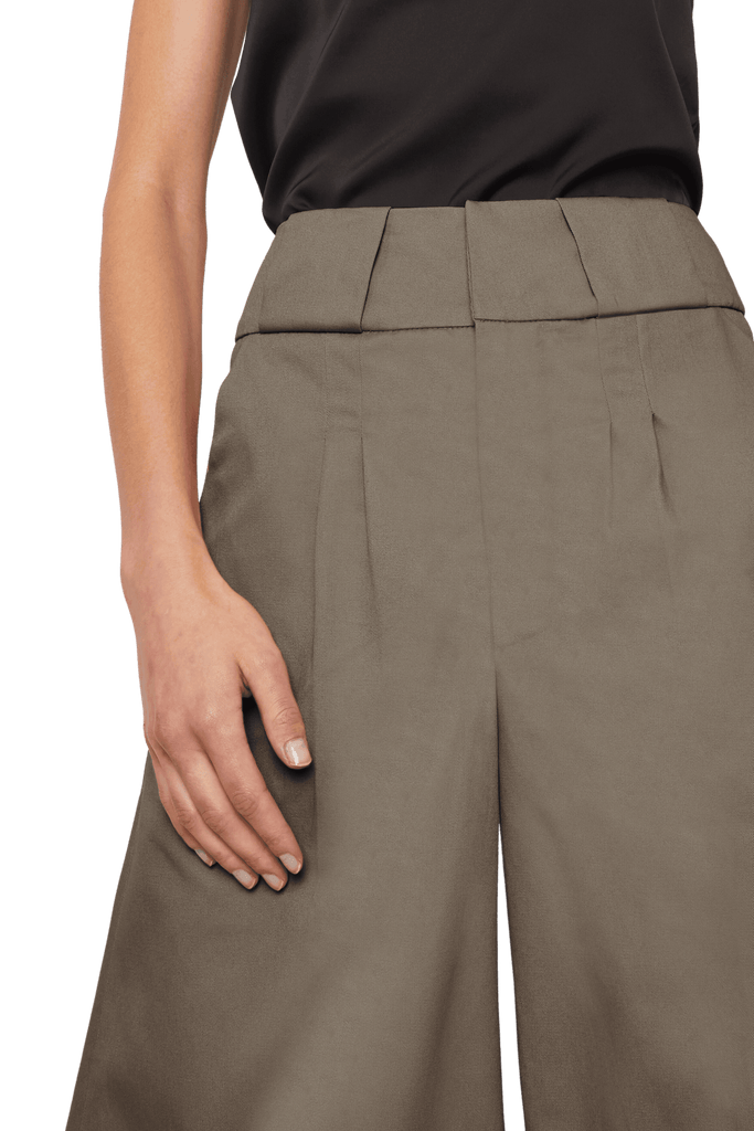 Knee Length Palazzo Trousers in Stratton Khaki Solid Organic Cotton Twill