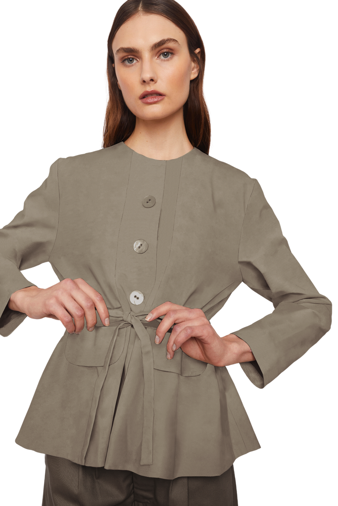 Collarless Jacket with Flap Pockets and Drawstring Waist in Stratton Khaki Solid Organic Cotton Twill