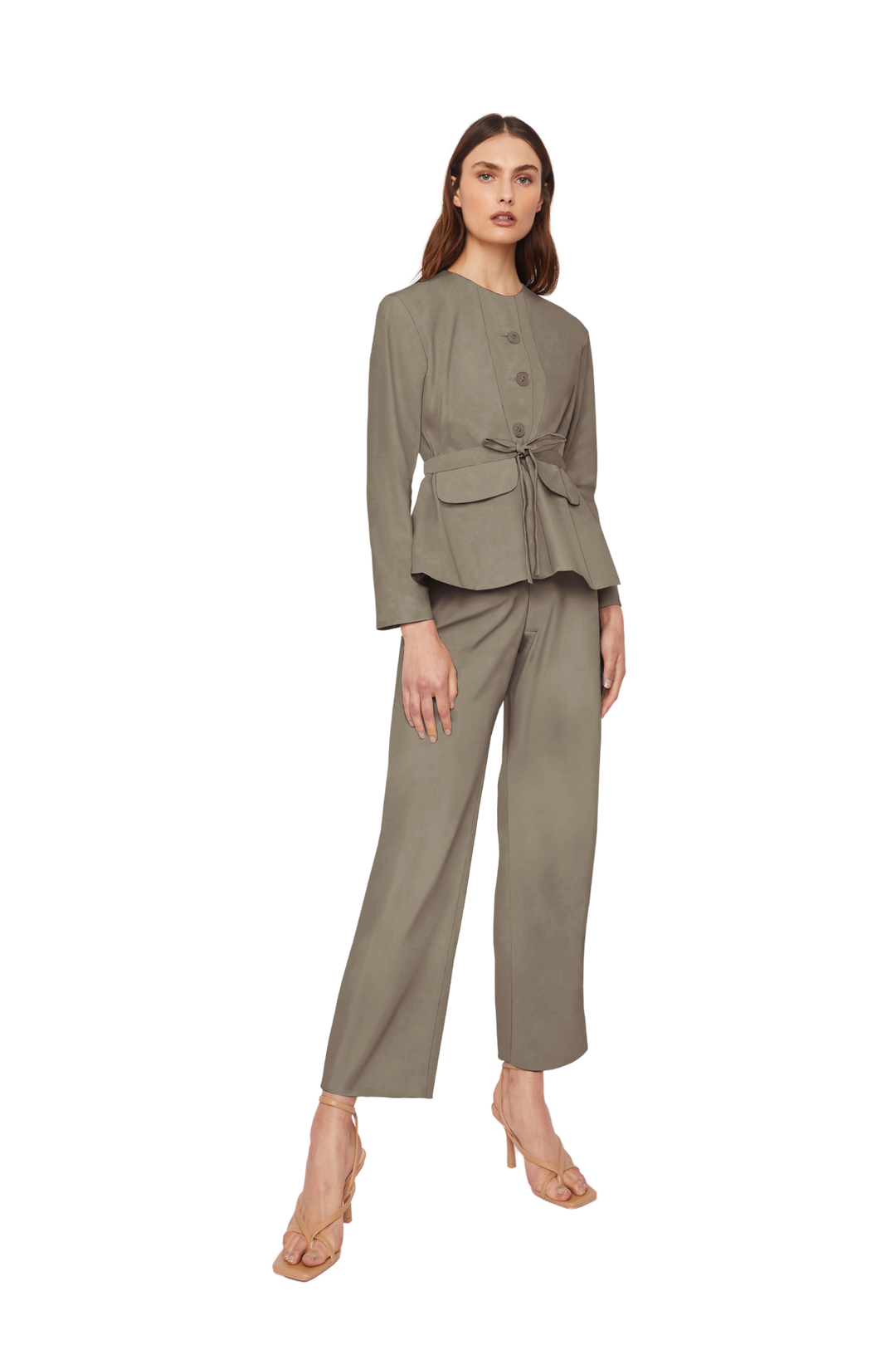 Collarless Jacket with Flap Pockets and Drawstring Waist in Stratton Khaki Solid Organic Cotton Twill - STEF MOUCHIE