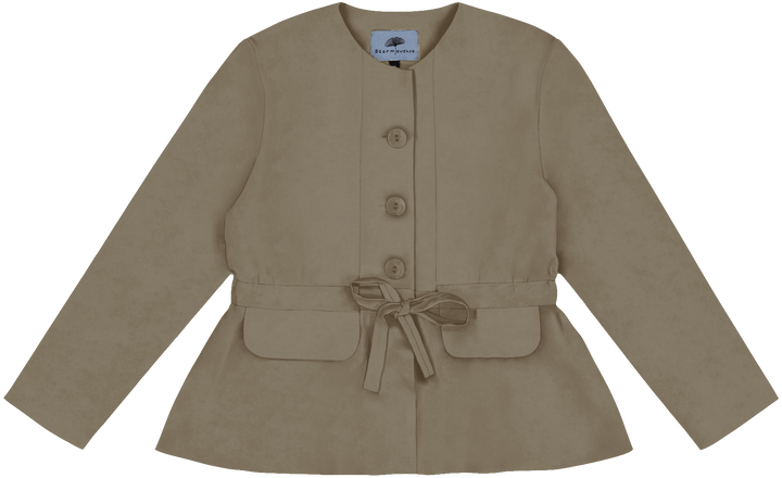 Collarless Jacket with Flap Pockets and Drawstring Waist in Stratton Khaki Solid Organic Cotton Twill - STEF MOUCHIE