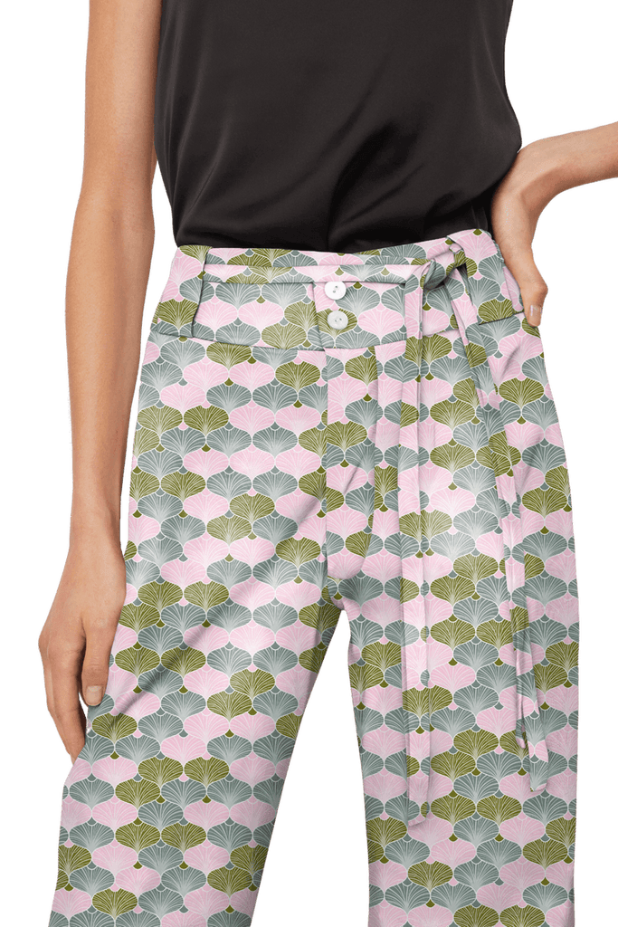 High-Waisted Chino Trousers with Drawstring Waist in Ginkgo Leaf Geometric Print Cotton Twill