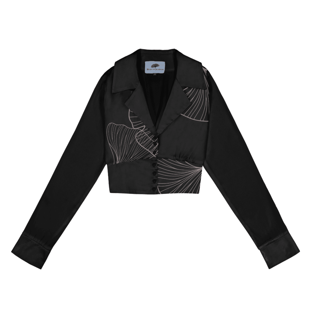 Cropped Blazer Shirt in Black Silk Charmeuse with Ginkgo Leaf Print - STEF MOUCHIE