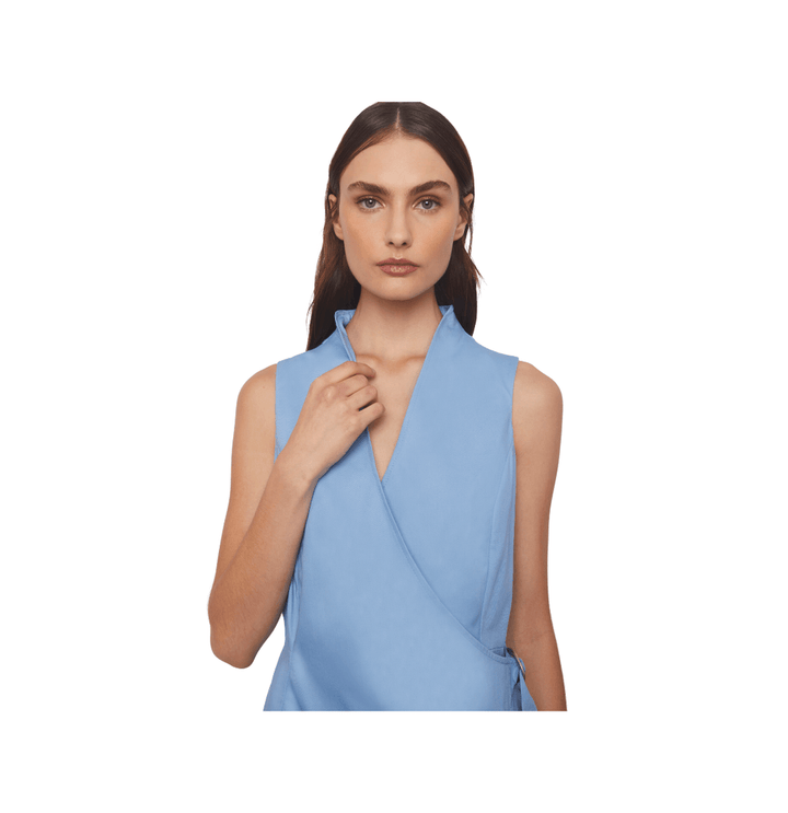 Crossed Front Asymmetric Closure Sheath Dress in Stratton Ice Blue/White Solid Organic Cotton Twill - STEF MOUCHIE