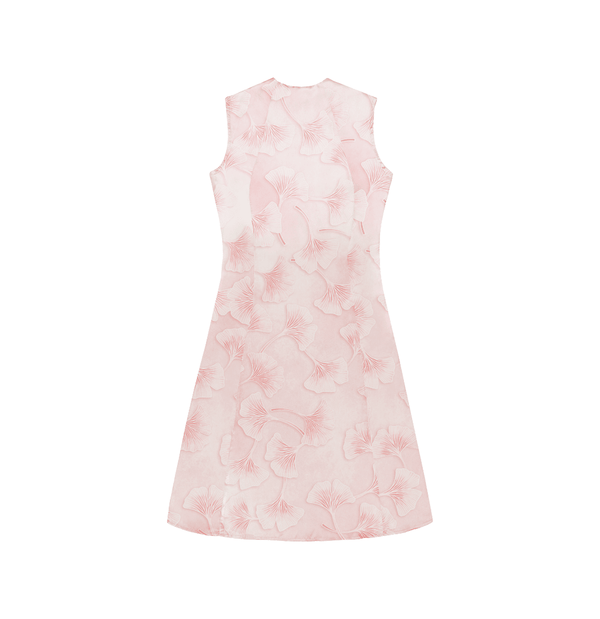 Fit and Flare Sleeveless Dress Low Turtle Neck in Floral Abstract Ginkgo Leaf Print Silk Organza