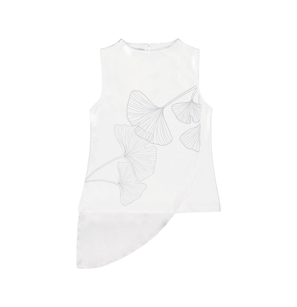 Sleeveless Top High Collar with Front Overlayer in Ginkgo Signature Print Silk - STEF MOUCHIE