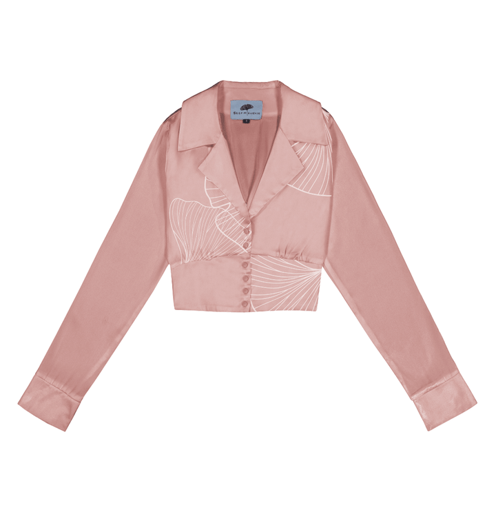 Cropped Blazer Shirt in Pink Silk Charmeuse with Ginkgo Leaf Print - STEF MOUCHIE