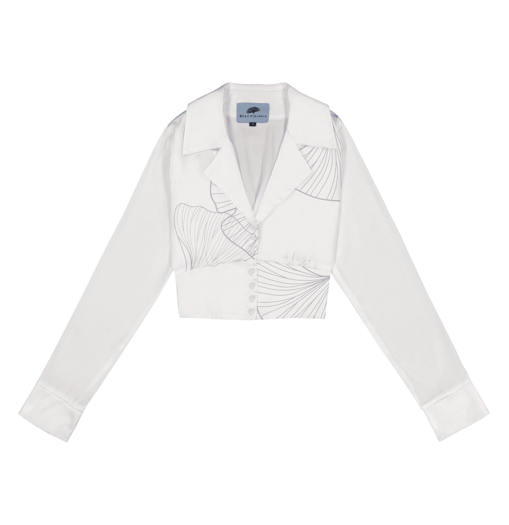 Cropped Blazer Shirt in White Silk Charmeuse with Ginkgo Leaf Printed - STEF MOUCHIE