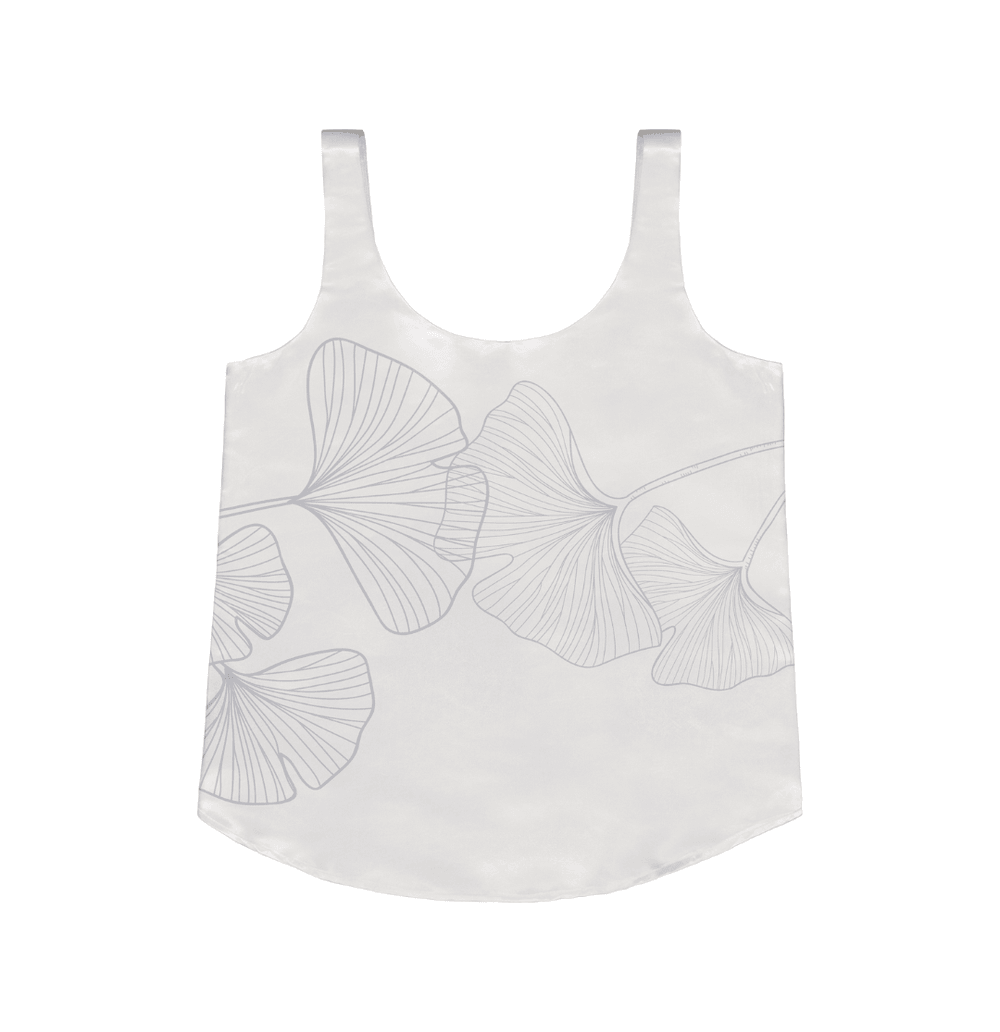 Charmeuse Silk Camisole Tank Top in White with Ginkgo Leaf Print - STEF MOUCHIE