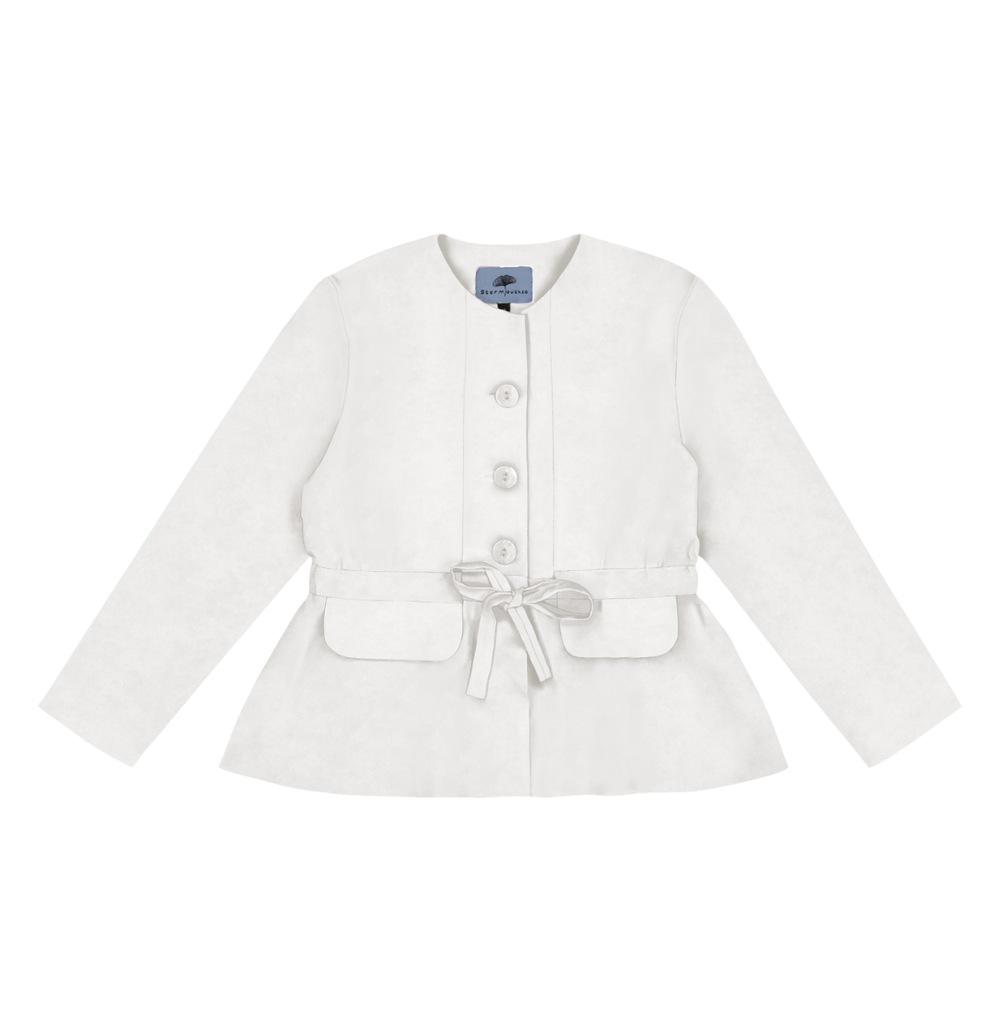 Collarless Jacket with Flap Pockets and Drawstring Waist in Stratton Winter White Solid Organic Cotton Twill - STEF MOUCHIE
