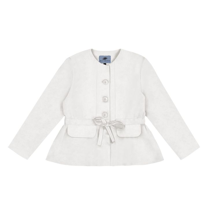 Collarless Jacket with Flap Pockets and Drawstring Waist in Stratton Winter White Solid Organic Cotton Twill - STEF MOUCHIE