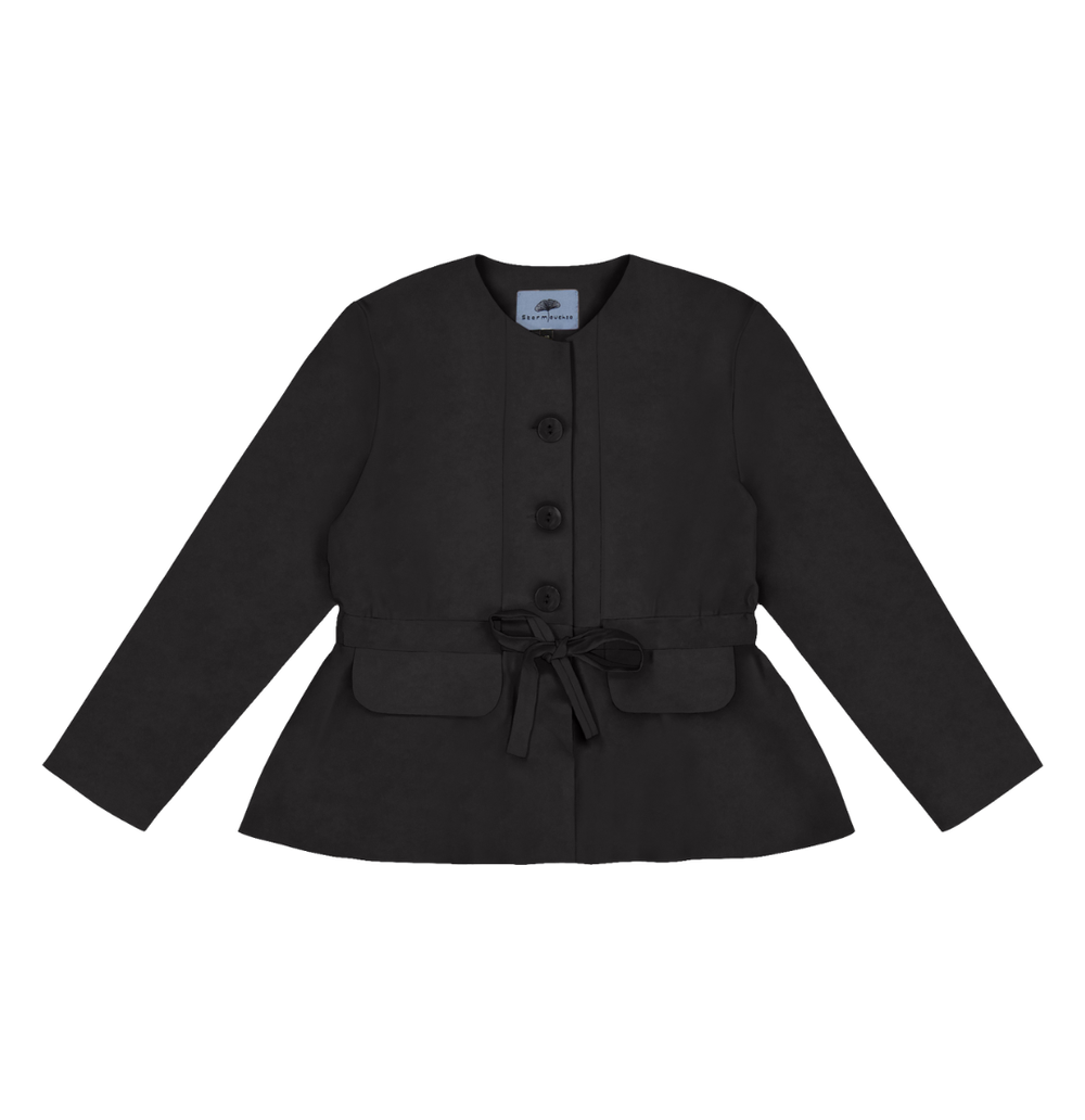 Collarless Jacket with Flap Pockets and Drawstring Waist in Stratton Black Solid Organic Cotton Twill - STEF MOUCHIE