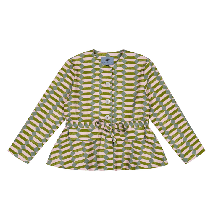 Collarless Jacket with Flap Pockets and Drawstring Waist in Geometric Pattern Cotton Twill - STEF MOUCHIE