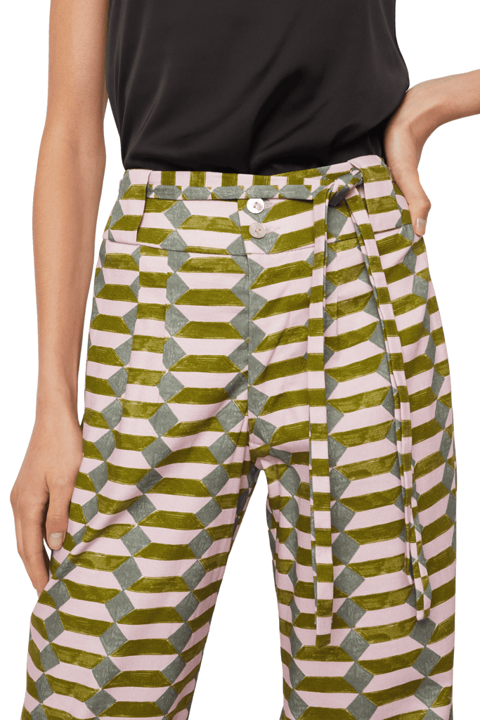 High-Waisted Chino Trousers with Drawstring Waist in Geometric Orchid, Steel Blue, and Olive Green Twill