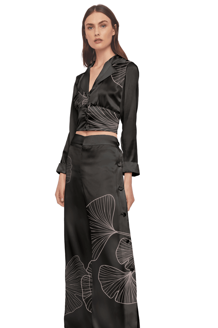 Cropped Blazer Shirt in Black Silk Charmeuse with Ginkgo Leaf Print - STEF MOUCHIE