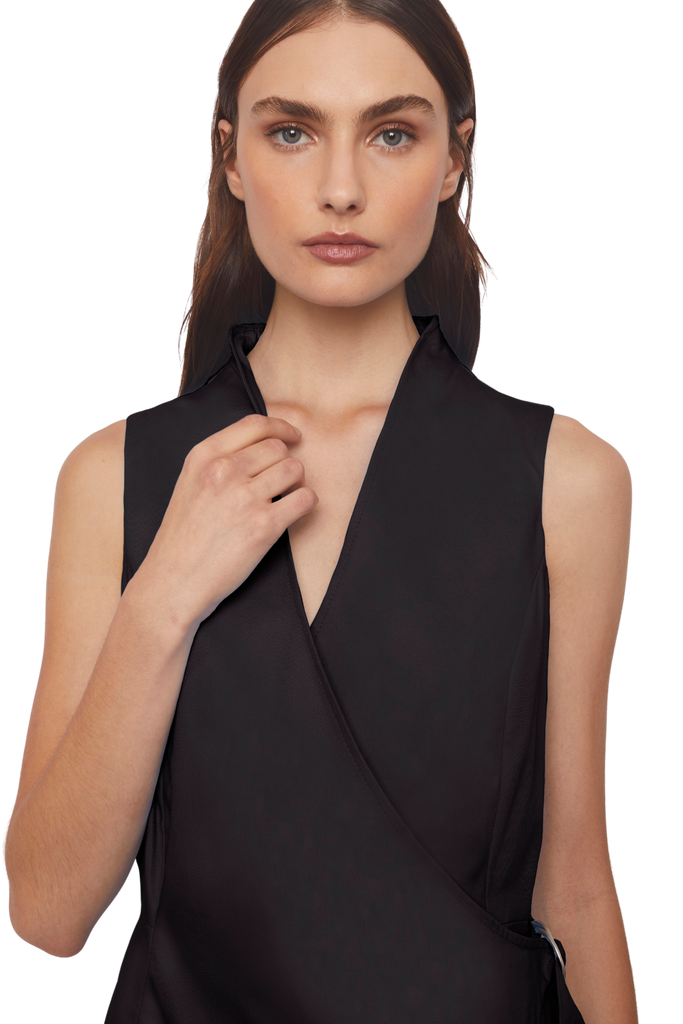 Crossed Front Asymmetric Closure Sheath Dress in Stratton Black Solid Organic Cotton Twill