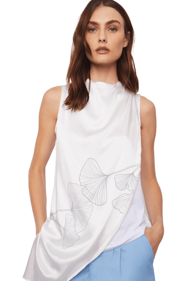 Sleeveless Top High Collar with Front Overlayer in Ginkgo Signature Print Silk