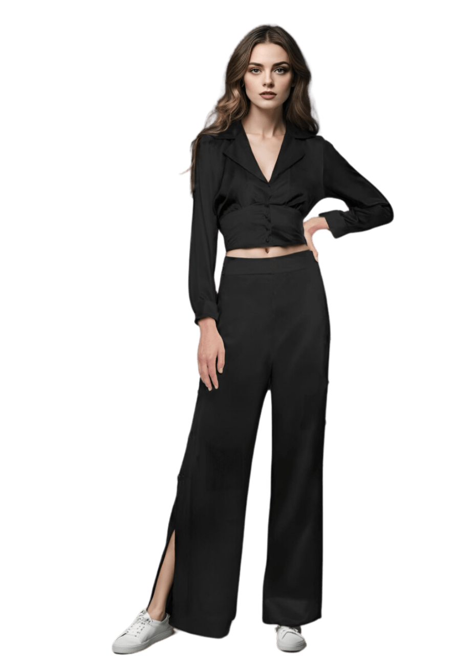 Cropped Blazer Shirt in Matte Black Silk Charmeuse - STEF MOUCHIE