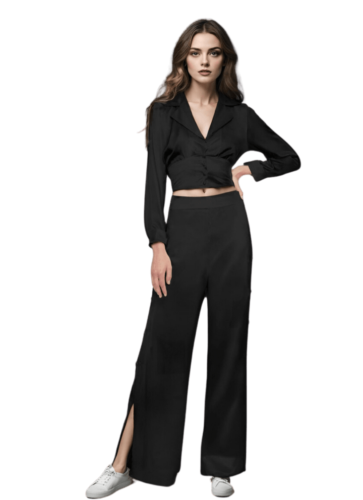 Cropped Blazer Shirt in Matte Black Silk Charmeuse - STEF MOUCHIE