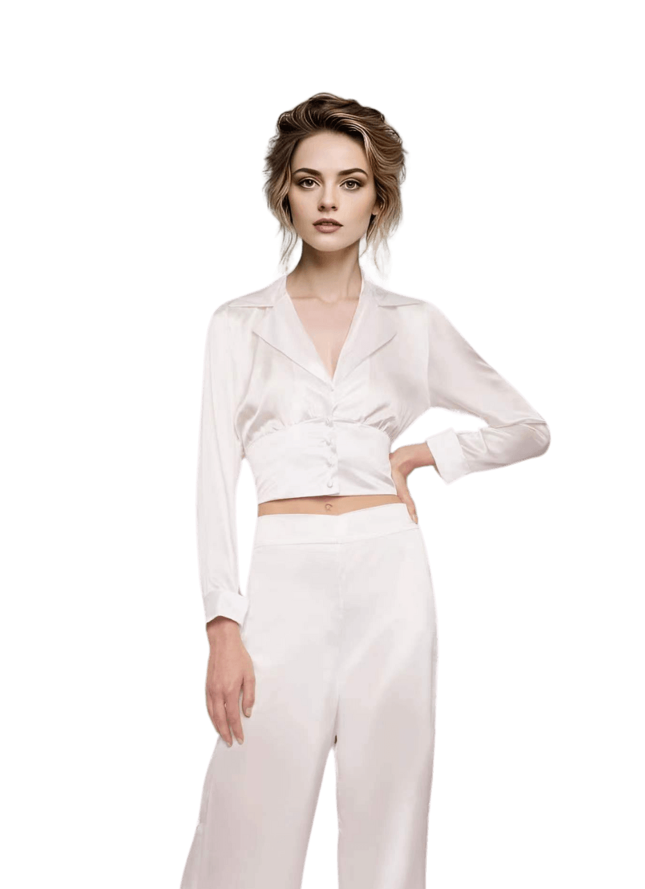 Cropped Blazer Shirt in White Silk Charmeuse - STEF MOUCHIE