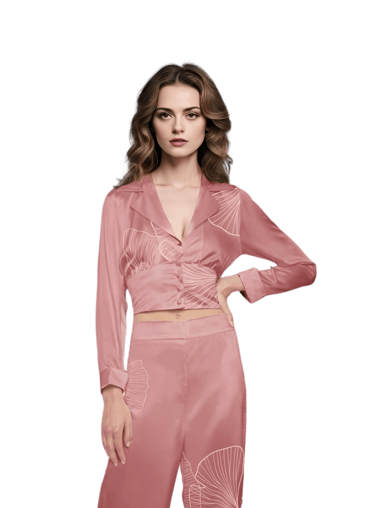 Cropped Blazer Shirt in Pink Silk Charmeuse with Ginkgo Leaf Print - STEF MOUCHIE