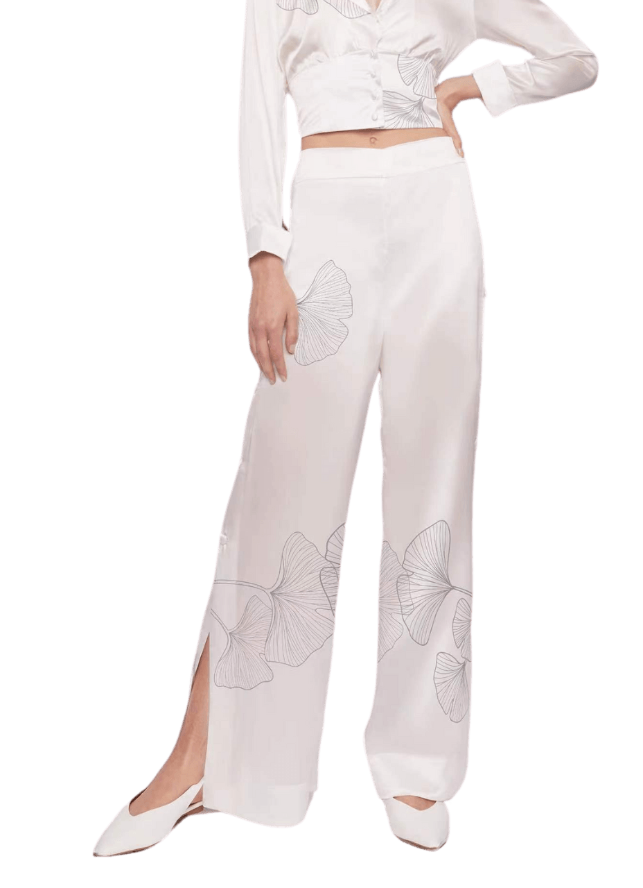 Palazzo Trousers with Side Slits in White Silk Charmeuse with Ginkgo Print - STEF MOUCHIE