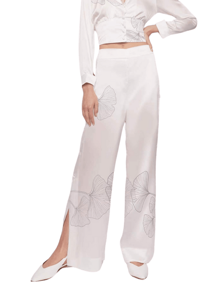 Palazzo Trousers with Side Slits in White Silk Charmeuse with Ginkgo Print - STEF MOUCHIE