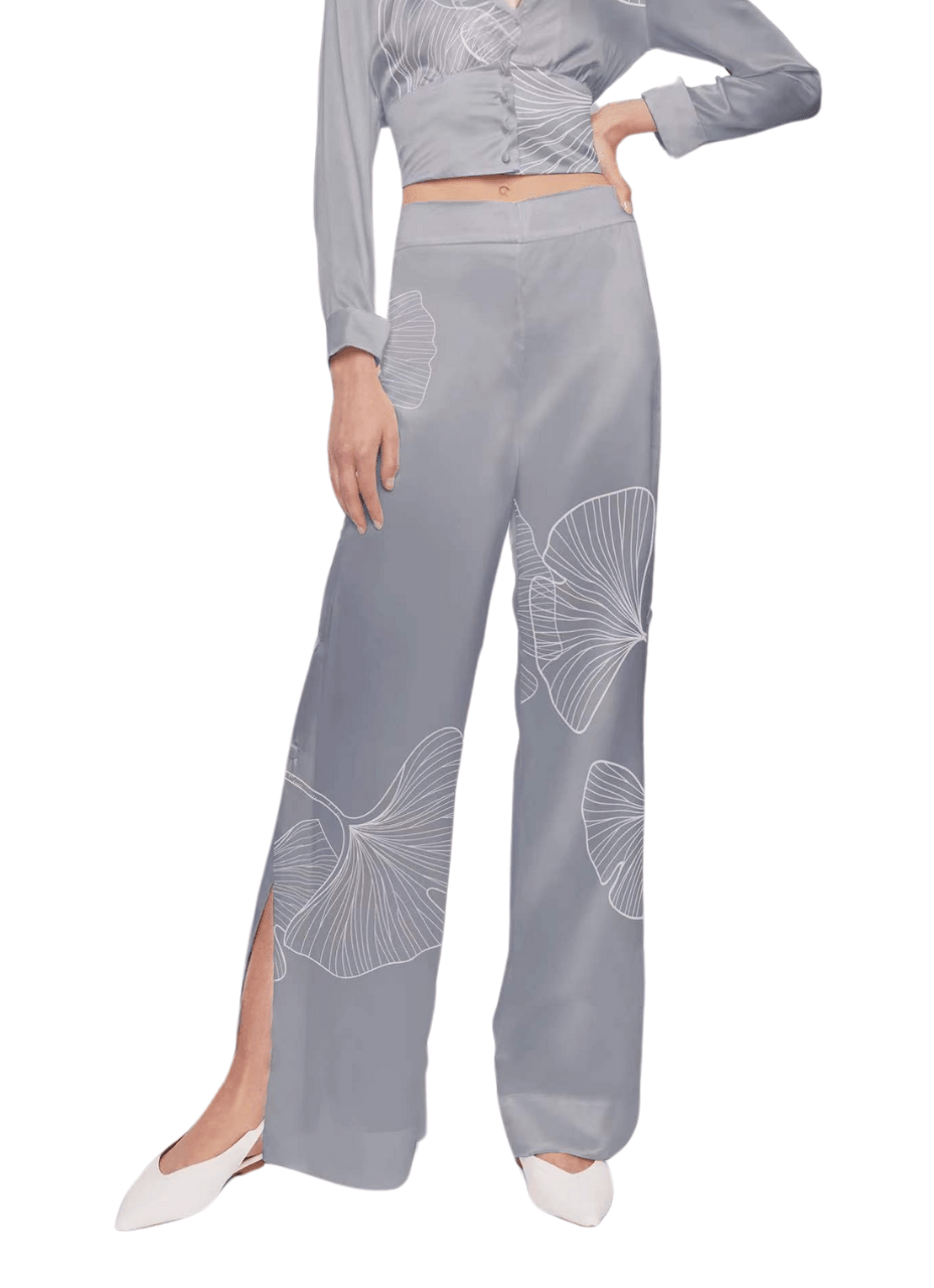 Palazzo Trousers with Side Slits in Light Blue Silk Charmeuse with Gingko Leaf - STEF MOUCHIE