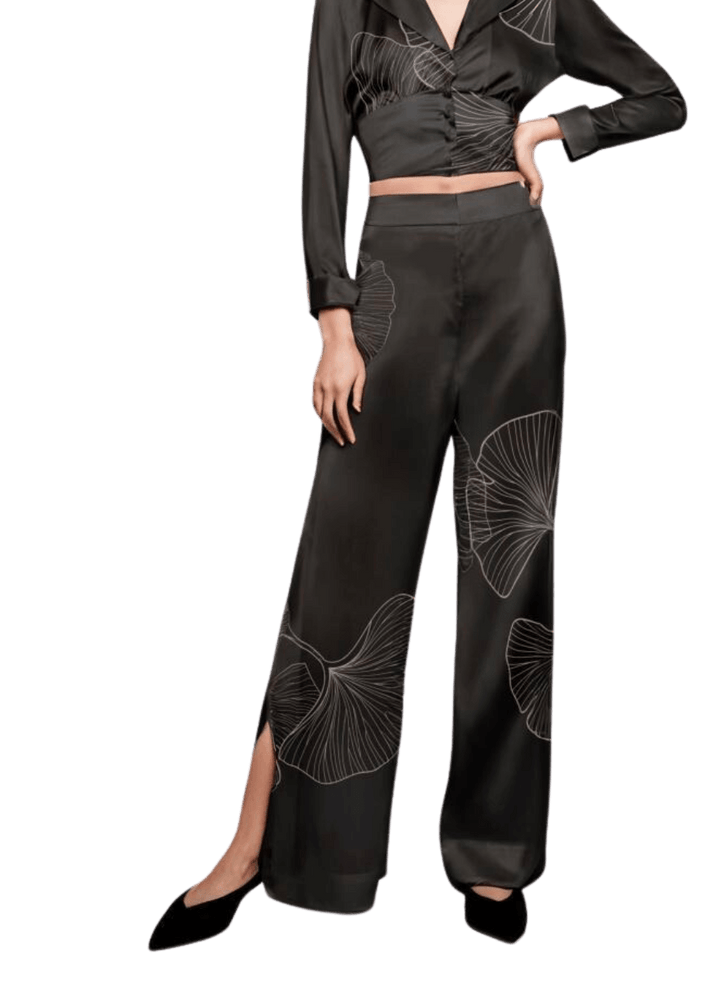Palazzo Trousers with Side Slits in Black Silk Charmeuse with Ginkgo Leaf Print - STEF MOUCHIE