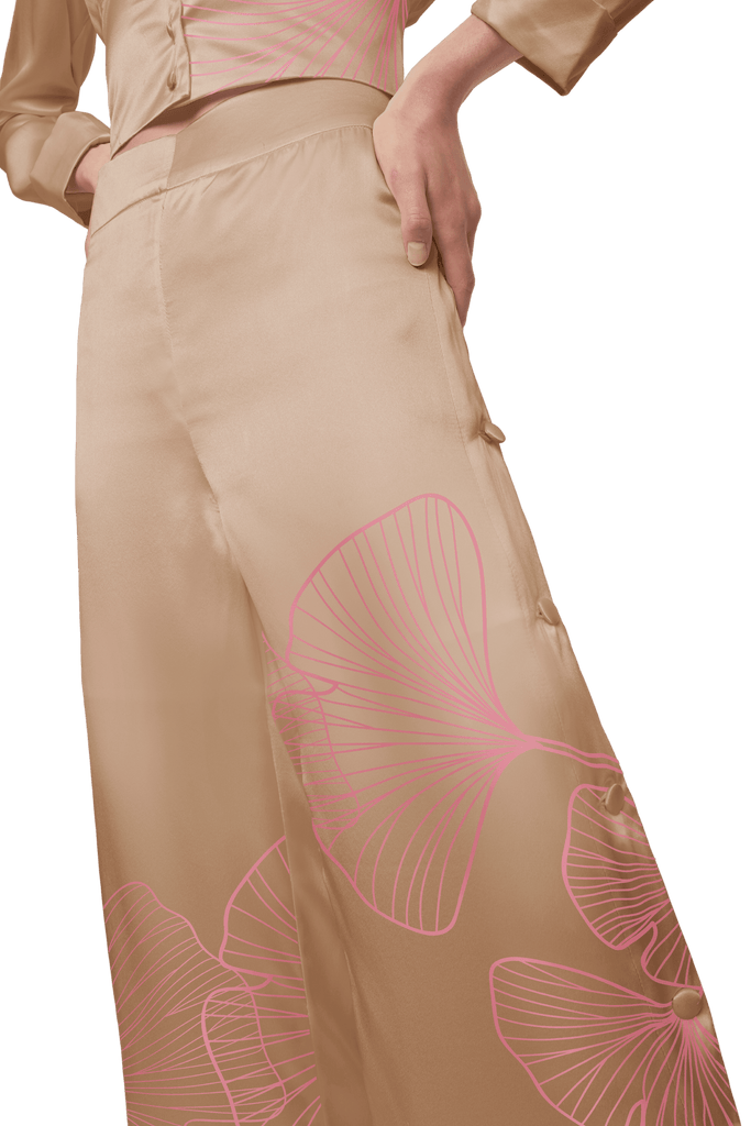 Palazzo Trousers with Side Slits in Amber Signature Print Silk