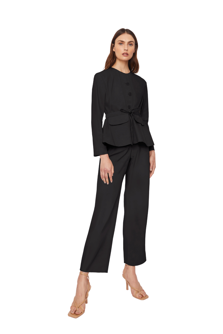 High-Waisted Chino Trousers with Drawstring Waist in Black Organic Twill - STEF MOUCHIE