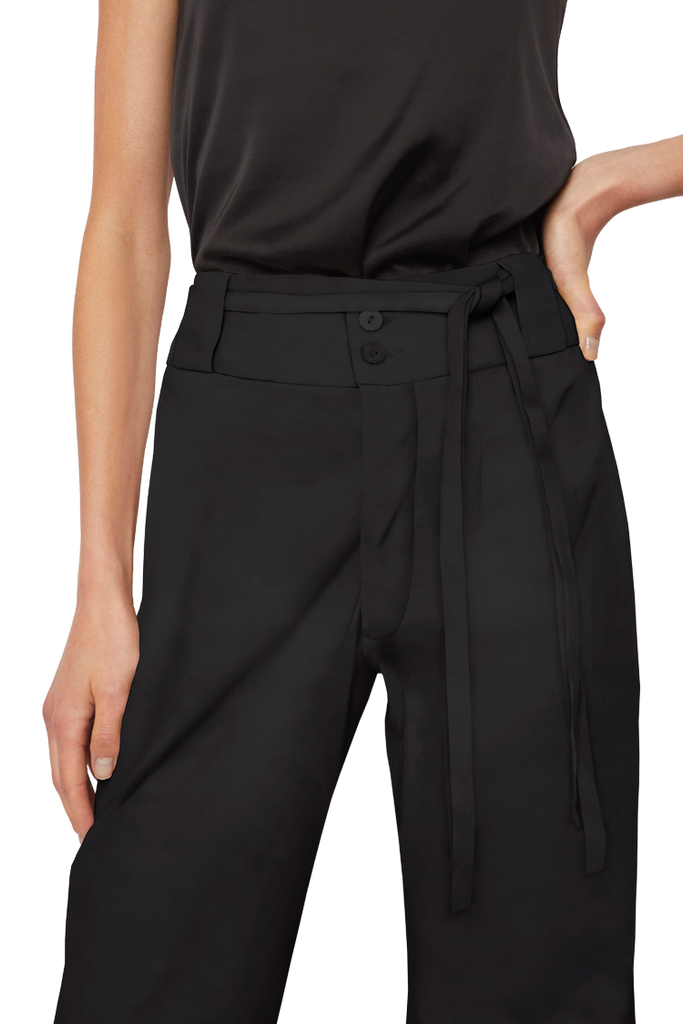High-Waisted Chino Trousers with Drawstring Waist in Black Organic Twill