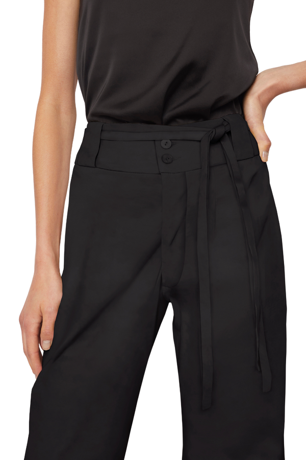 High-Waisted Chino Trousers with Drawstring Waist in Black Organic Twill