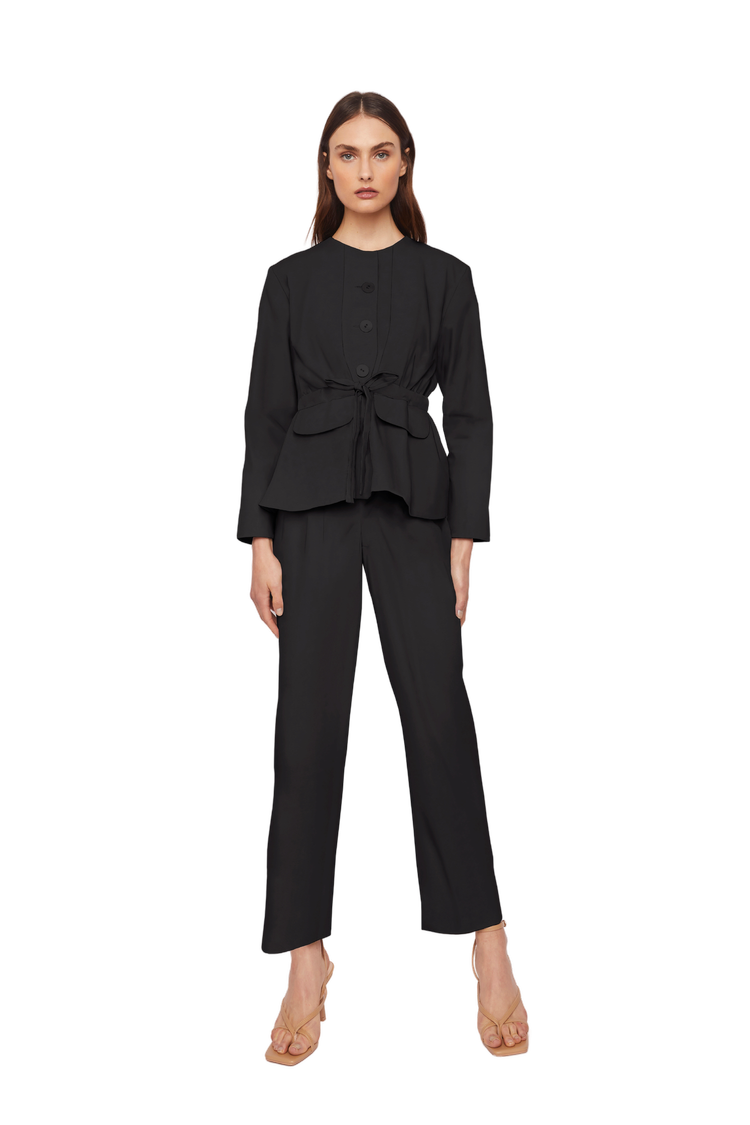 High-Waisted Chino Trousers with Drawstring Waist in Black Organic Twill - STEF MOUCHIE