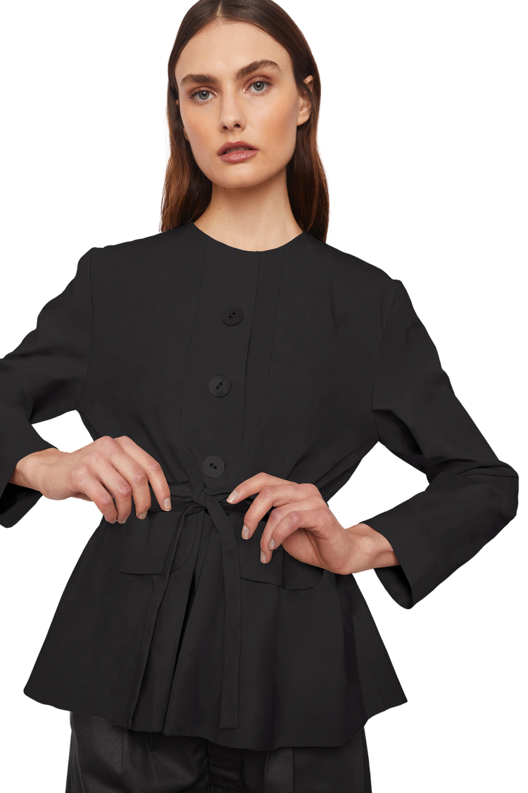 Collarless Jacket with Flap Pockets and Drawstring Waist in Stratton Black Solid Organic Cotton Twill - STEF MOUCHIE