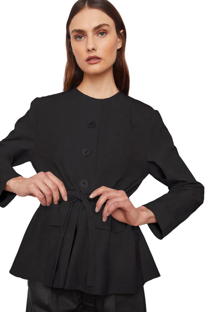 Collarless Jacket with Flap Pockets and Drawstring Waist in Stratton Black Solid Organic Cotton Twill - STEF MOUCHIE