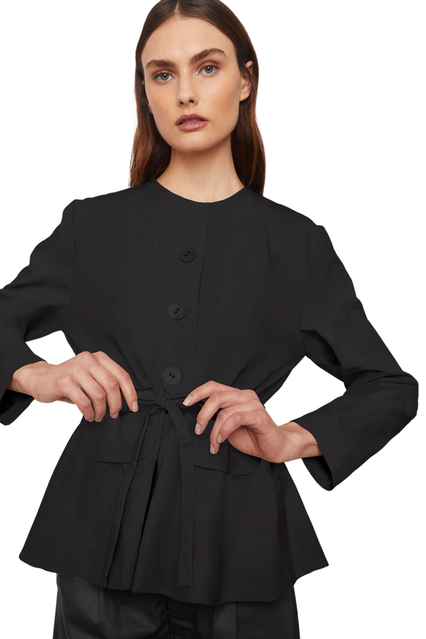Collarless Jacket with Flap Pockets and Drawstring Waist in Stratton Black Solid Organic Cotton Twill