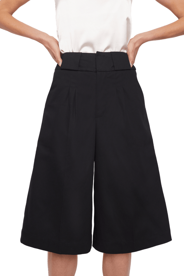 Knee Length Palazzo Trousers in Stratton Black Solid Organic Cotton Twill